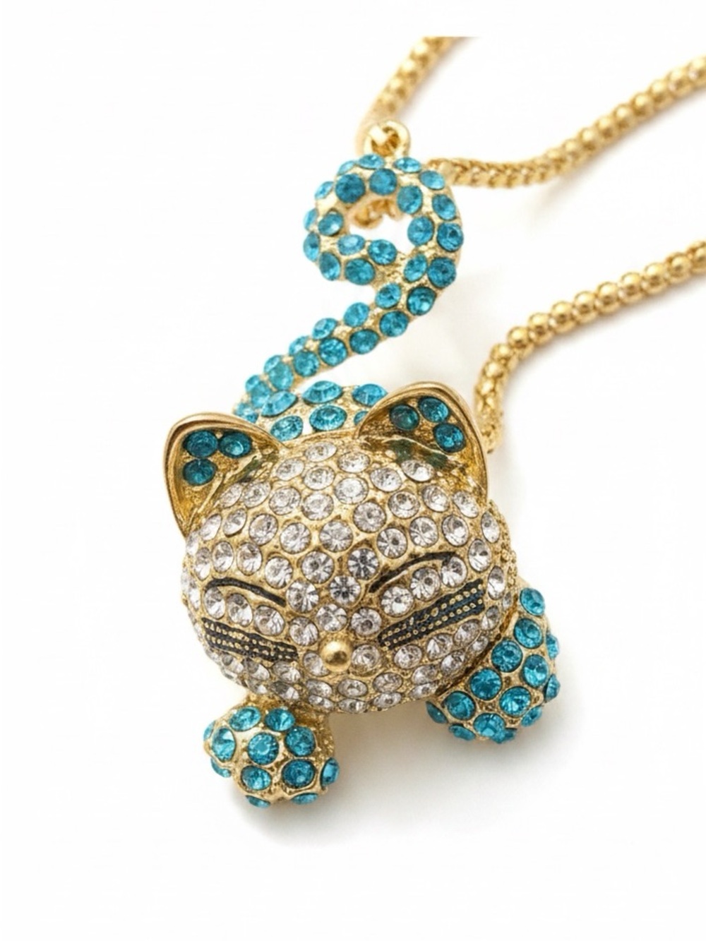 Betsey Johnson Gold and Blue Rhinestone Cat Necklace